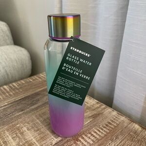 STARBUCKS Summer 2021 TURQUOISE TEAL & PURPLE 20 oz. GLASS WATER BOTTLE Rainbow